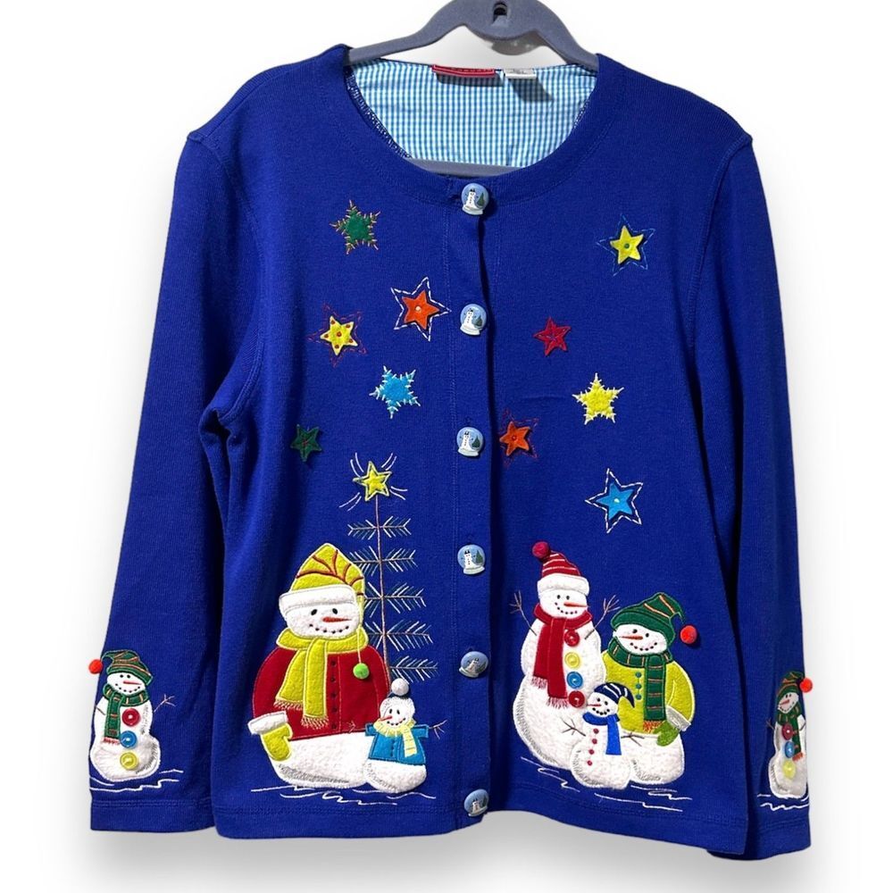 Vintage 90s Winter Christmas Blue Cardigan Embroidered Snowmen Womens Size Large